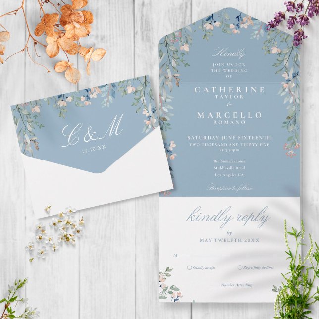 Dusty Blue Floral Greenerity Cascade Wedding All In One Einladung (Von Creator hochgeladen)