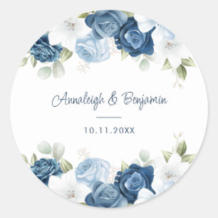 Dusty Blue Floral Greenerity Script Wedding Runder Aufkleber