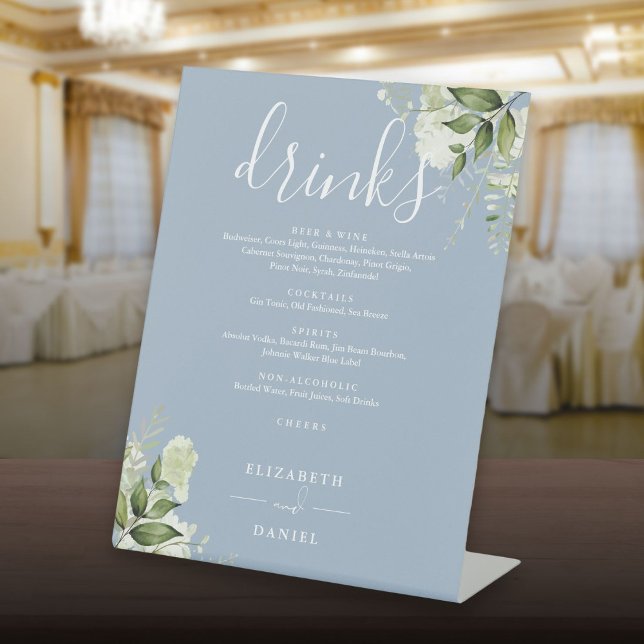 Dusty Blue Floral Greenerity Wedding Drinks Menü Sockelschild (Dusty Blue Floral Greenery Wedding Drinks Menu Pedestal Sign)