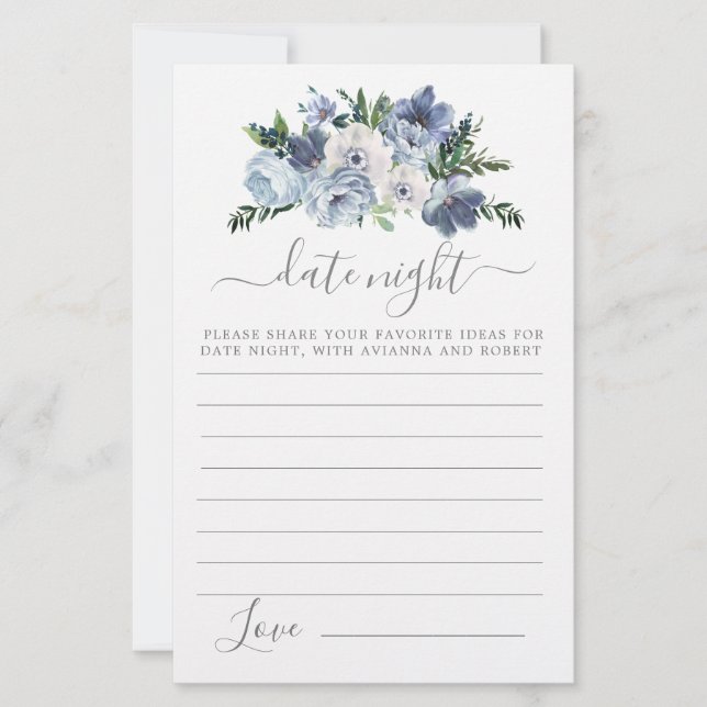Dusty Blue Floral Greenery Date Night Card (Vorderseite)