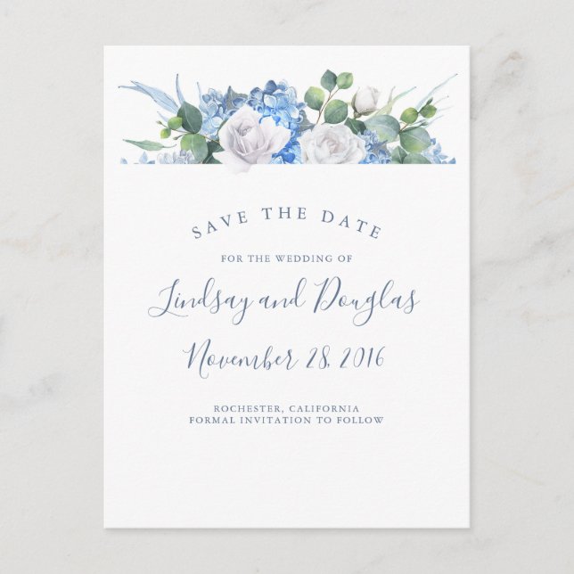 Dusty Blue Floral Greenery Hydrangea Save the Date Ankündigungspostkarte (Vorderseite)
