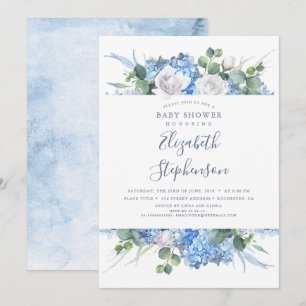 Dusty Blue Floral Greenery Moderne Babydusche Einladung