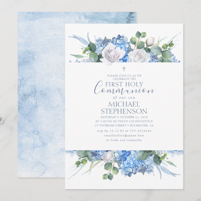 Dusty Blue Floral Greenery Moderne Heilige Kommuni Einladung (Vorne/Hinten)