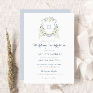 Dusty Blue Floral Greenery Monogram Wappen Wedding Einladung