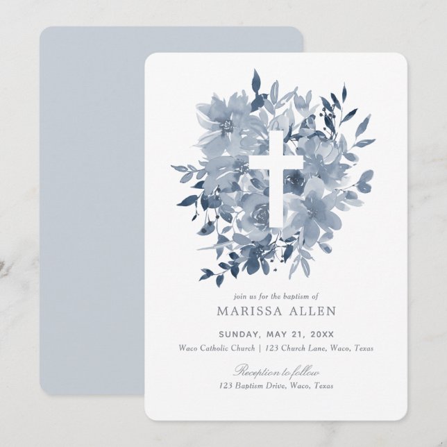 Dusty Blue Floral Greenery Neutrale Taufe Einladung (Vorne/Hinten)