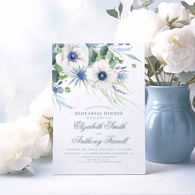 Dusty Blue Floral Greenery Probe Dinner Einladung (Dusty Blue Flowers and Greenery Rehearsal Dinner Invitations)