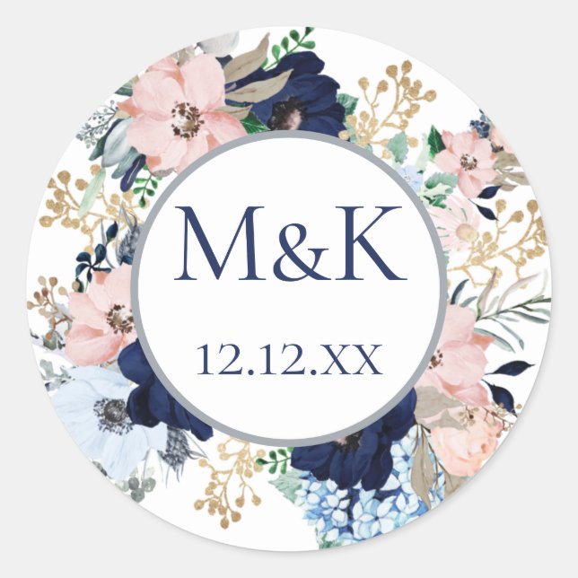 Dusty Blue Floral Greenery Runder Aufkleber (Vorderseite)