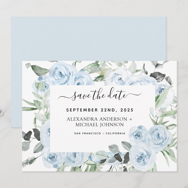 Dusty Blue Floral Greenery Save the Date Einladung (Vorne/Hinten)