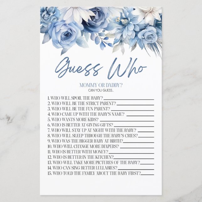 Dusty Blue Floral Guess Who Baby Shooting Game (Vorderseite)