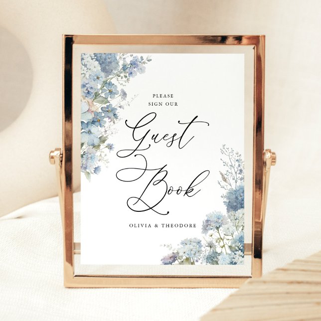 Dusty Blue Floral Guest Book Wedding Table Sockelschild (Dusty blue floral guest book wedding sign, blue hydrangea watercolor design, elegant reception table)