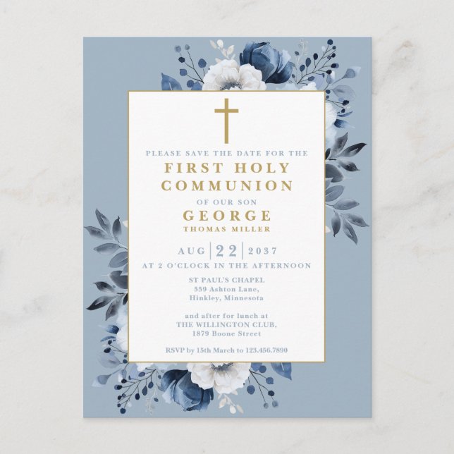 Dusty Blue Floral Heilige Kommunion Save the Date Postkarte (Vorderseite)