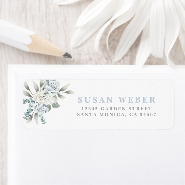 Dusty Blue Floral Hochzeitslabel (Insitu)
