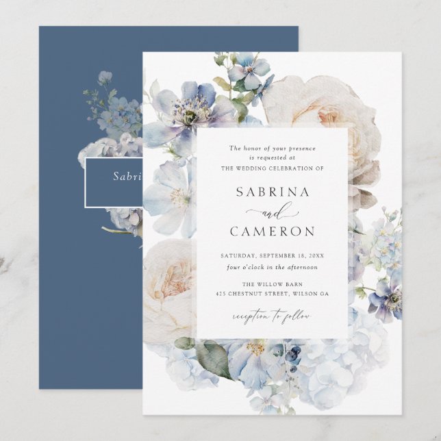 Dusty Blue Floral Hydrangea Rose Hochzeit Einladung (Vorne/Hinten)