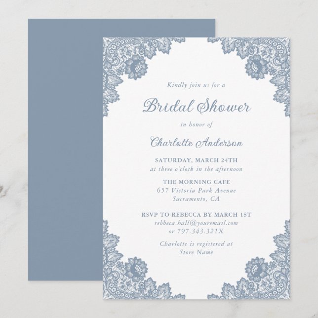 Dusty Blue Floral Lace Brautparty Einladung (Vorne/Hinten)