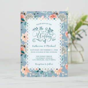 Dusty Blue Floral Lace Dekorative Kalligraphie Einladung