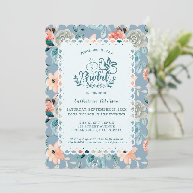 Dusty Blue Floral Lace | Dekorative Kalligraphie Einladung (Stehend Vorderseite)