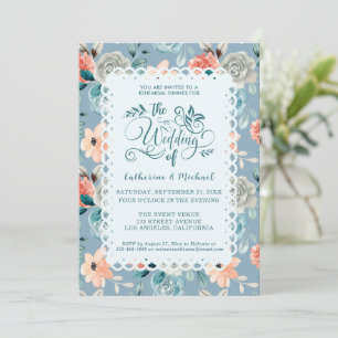 Dusty Blue Floral Lace   Dekorative Kalligraphie Einladung