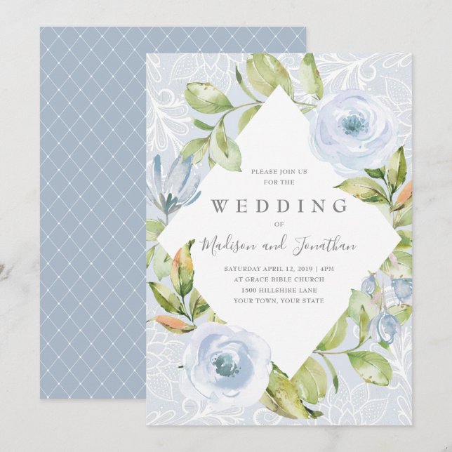 Dusty Blue Floral Lace Wedding Einladung (Vorne/Hinten)