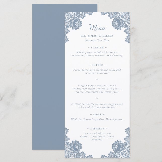 Dusty Blue Floral Lace Wedding Menu Menükarte (Vorne/Hinten)