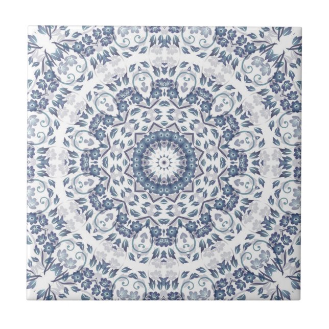 Dusty Blue Floral Mandala Fliese (Vorderseite)