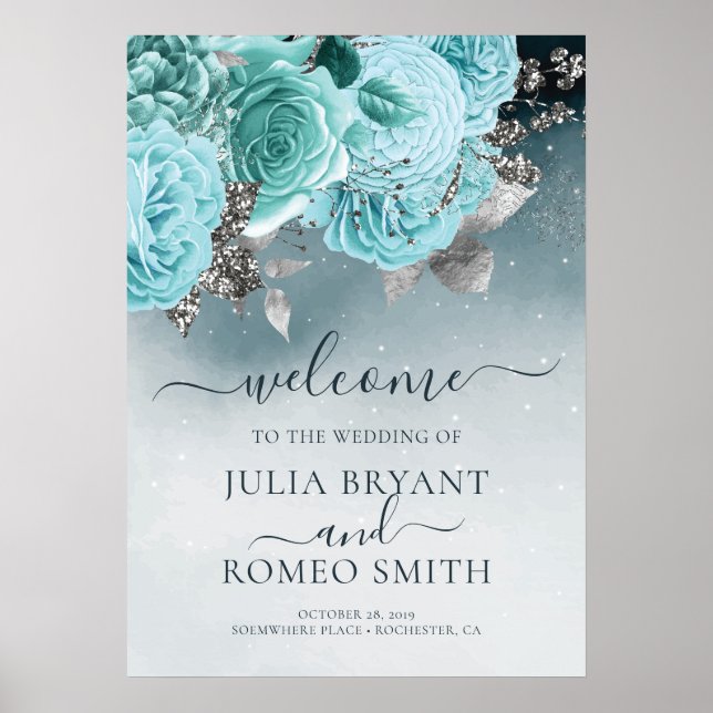 Dusty Blue Floral Mariage Affiche de bienvenue (Devant)