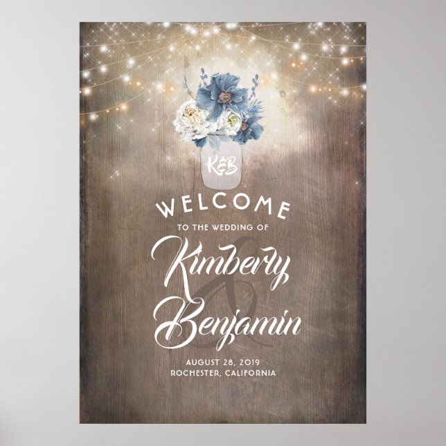 Dusty Blue Floral Mason Jar Mariage Affiche de bie (Devant)