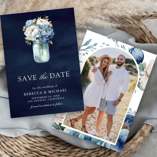 Dusty Blue Floral Mason Jar Navy Foto Hochzeit Save The Date (Von Creator hochgeladen)