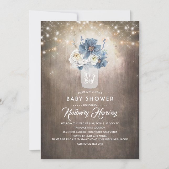 Dusty Blue Floral Mason Jar Rustic Baby Dusche Einladung (Vorderseite)