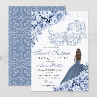 Dusty Blue Floral Masquerade Sweet 16 Einladung