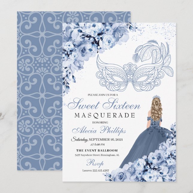 Dusty Blue Floral Masquerade Sweet 16 Einladung (Vorne/Hinten)