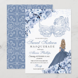 Dusty Blue Floral Masquerade Sweet 16 Einladung