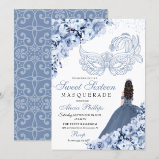 Dusty Blue Floral Masquerade Sweet 16 Einladung
