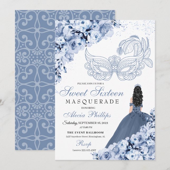 Dusty Blue Floral Masquerade Sweet 16 Einladung (Vorne/Hinten)
