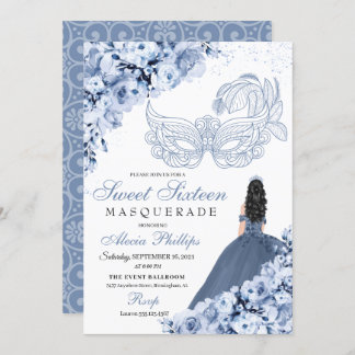 Dusty Blue Floral Masquerade Sweet 16 Einladung