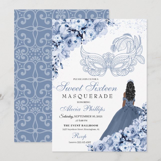 Dusty Blue Floral Masquerade Sweet 16 Einladung (Vorne/Hinten)