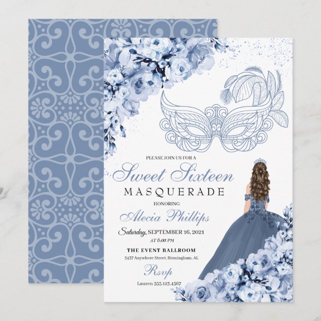 Dusty Blue Floral Masquerade Sweet 16 Invitation (Devant / Derrière)