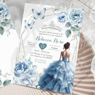 Dusty Blue Floral mexikanische Prinzessin Quinceañ Einladung