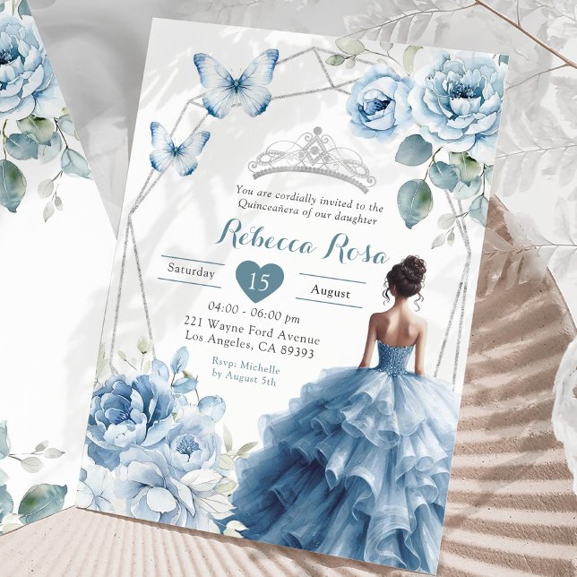 Dusty Blue Floral mexikanische Prinzessin Quinceañ Einladung (Von Creator hochgeladen)