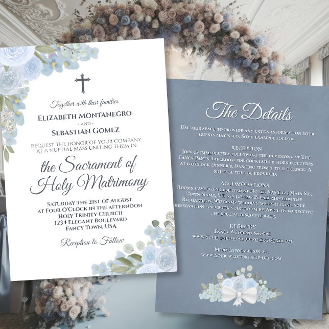 Dusty Blue Floral mit Details katholische Hochzeit Einladung (Front/Back)