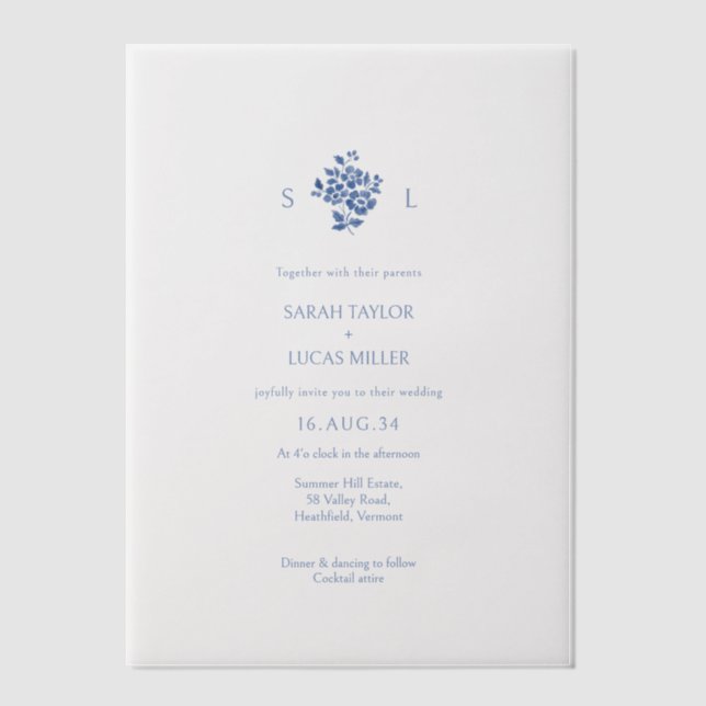 Dusty Blue Floral Mit Monogramm Floral Wedding (Vorderseite)