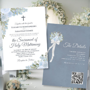 Dusty Blue Floral Moderne katholische QR-Code Hoch Einladung