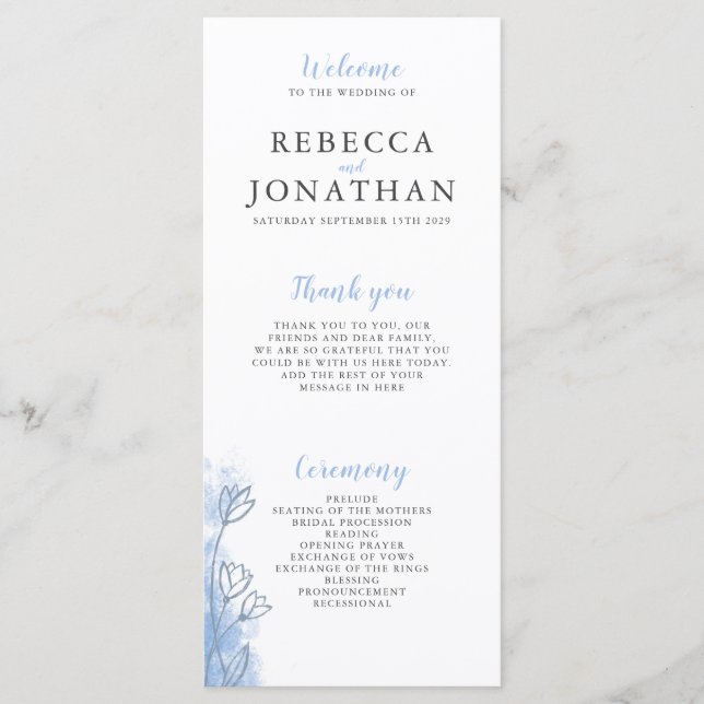 Dusty Blue Floral Moderne Mariage Carte programme (Devant)