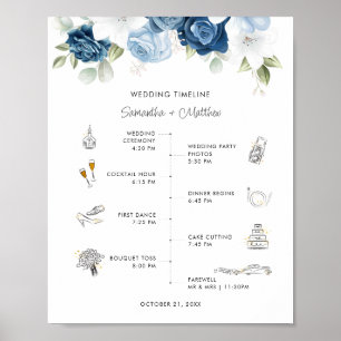 Dusty Blue Floral Modernes Hochzeitsprogramm Poster