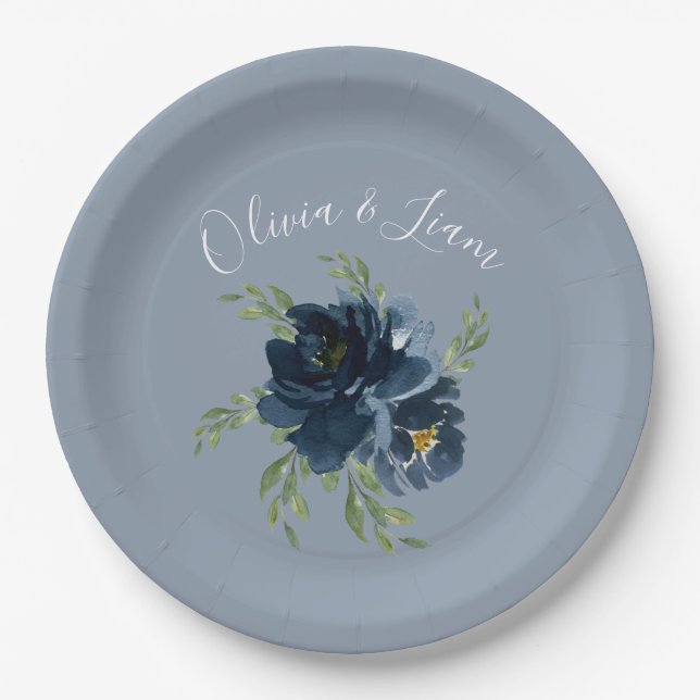 Dusty Blue Floral Modernes Skript Eleganter Name Pappteller (Vorderseite)