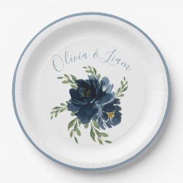 Dusty Blue Floral Modernes Skript Eleganter Name Pappteller