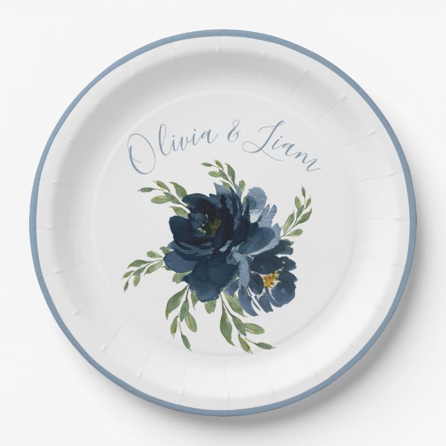 Dusty Blue Floral Modernes Skript Eleganter Name Pappteller (Vorderseite)