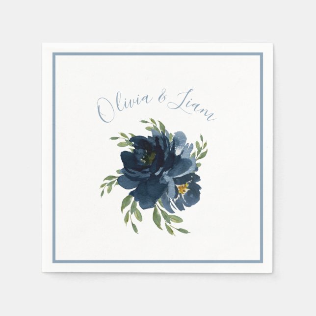 Dusty Blue Floral Modernes Skript Eleganter Name Serviette (Vorderseite)