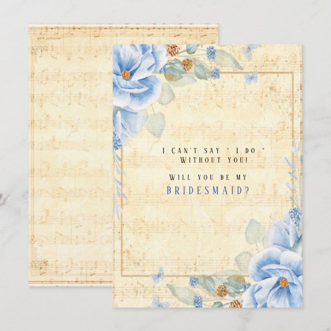 Dusty Blue Floral Music wird meine Bridesmaid sein Einladung (Vorne/Hinten)