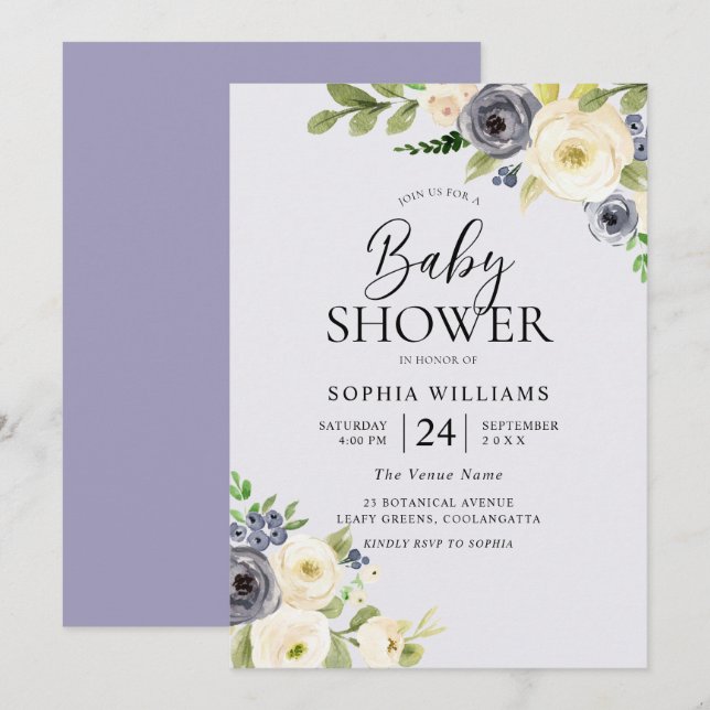 Dusty Blue Floral Navy Boys Baby Dusche Einladung (Vorne/Hinten)