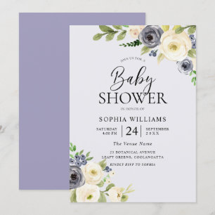Dusty Blue Floral Navy Boys Baby Dusche Einladung